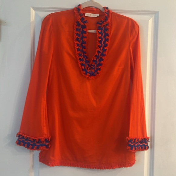 Tory Tunic From Tory Burch SAMBA Orange with Blue Accents Size 2 - Picture 2 of 8